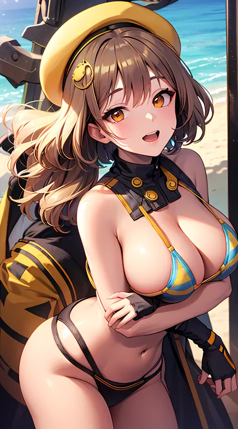 Best Quality, Ultra-Detailed, 1girl, Solo, Nikkeanis, Cross-Eyed, short_hair, open_mouth, Large Breasts, Bending Down, Near, Back, Normal Hip, brown_hair, hair_ornament, brown_eyes.yellow_eyes, Beret, Cowboy Shot, (Bikini:1.3), Beach, Summer, Silky Pale Wh...