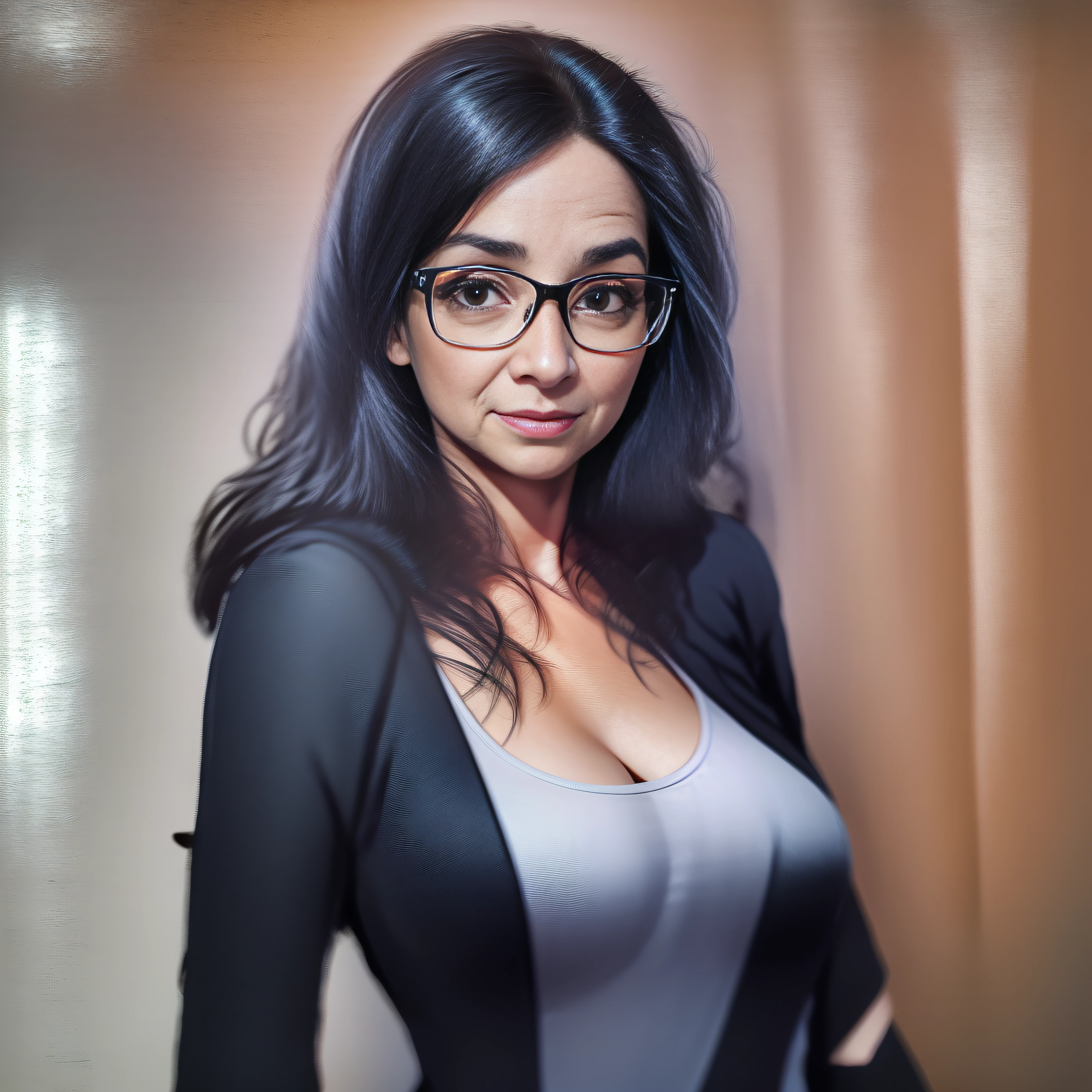 Masterpiece, beautiful woman, brunette, white skin, uptown, wearing eyeglasses, neckline, very detailed, dramatic lighting, digital art trends on Artstation 8k HD detailed realistic, detailed, skin texture, super detailed, realistic skin texture, electric pivot, best quality, super high resolution, (fidelity: 1.4), high resolution, detailed, raw photo, sharp, Lee Jeffreys Nikon D850 film stock photo 4 Kodak Portra 400 Camera F1.6 Rich Lens Ultra realistic colors textures realistic dramatic lighting unrealengine trends in ArtStation CineStill 800, (((SFW)))