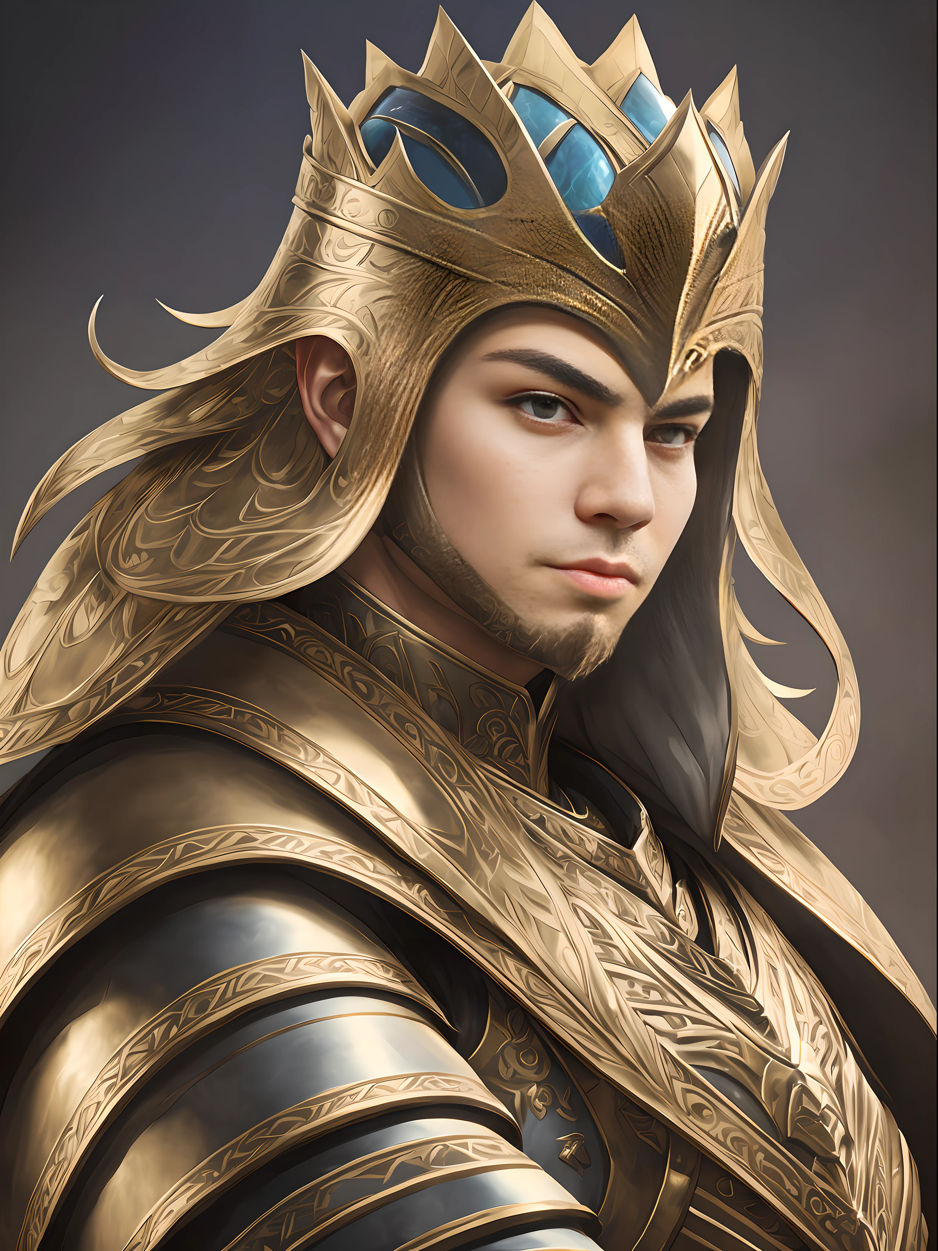 A flat first general of a man in stylized suit with a crown and armor inlaid with shiny stones, mythological god, silver armor with gold lace designed of details, exuberant designs, very real, royalty, powerful, laughing, hyper-detailed fantasy character, behance fantasy art, epic fantasy digital art style,  epic fantasy art portrait, epic boy wizard character, fantasy character portrait, panoramic, wide, detailed detailed background meticulous, [ trends in CGSOCIETY ]!, dressed in light armor, beautiful celestial wizard, exquisite epic character art, trendin in artstation, complex fantasy character, unreal engine 5, detail detailing, super extraordinary