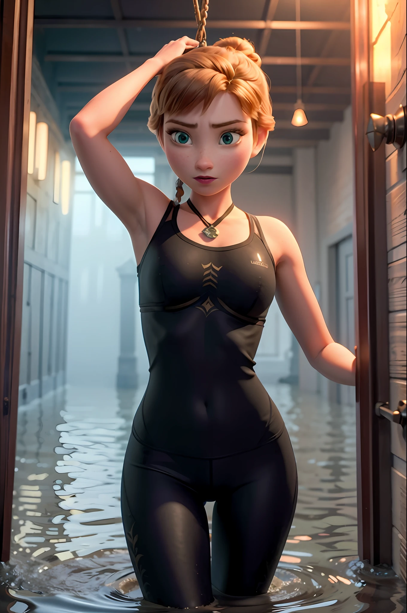 Photo of Anna of Arendelle standing in a flooded dungeon cell, hand tie to a chain Hanging from the ceiling. Wearing sexy yoga clothes