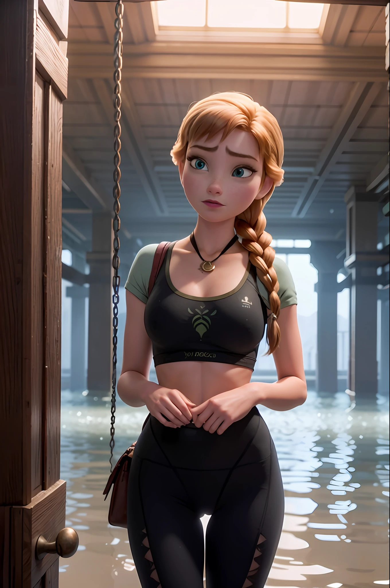 Photo of Anna of Arendelle standing in a flooded dungeon cell, hand tie to a chain Hanging from the ceiling. Wearing sexy yoga clothes