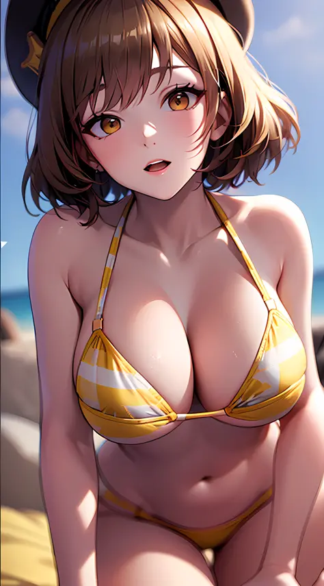 Best Quality, Ultra-Detailed,,1girl, Solo, Nikkeanis, Cross-Eyed, In-Room, short_hair, open_mouth, Large Breasts, Bending Down, Near, Behind, Lying On Bed, Cancer Pose, Normal Hip, brown_hair, hair_ornament, brown_eyes,yellow_eyes, Beret, Cowboy Shot, (Bik...