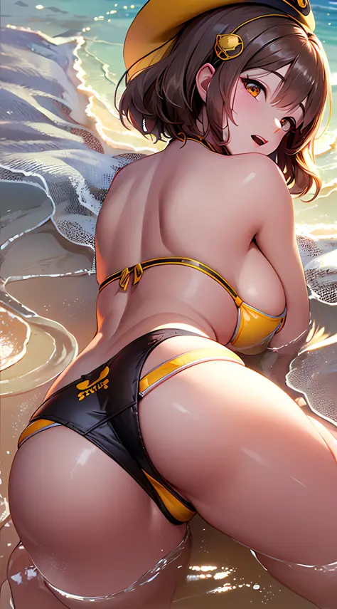Best Quality, Ultra-Detailed, 1girl, Solo, Nikkeanis, Cross-Eyed, short_hair, open_mouth, Large Breasts, Bending Down, Near, Back, Lying, Cancer Pose, Normal Hip, brown_hair, hair_ornament, brown_eyes, yellow_eyes, Beret, Cowboy Shot, (Bikini:1.3), Beach, ...