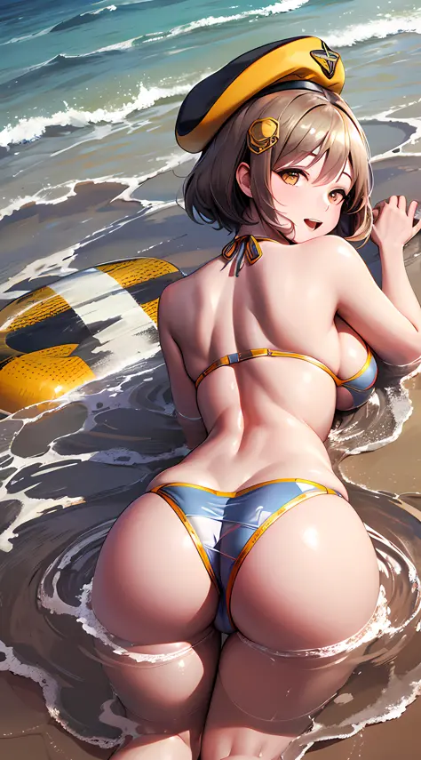 Best Quality, Ultra-Detailed, 1girl, Solo, Nikkeanis, Cross-Eyed, short_hair, open_mouth, Large Breasts, Bending Down, Near, Back, Lying, Cancer Pose, Normal Hip, brown_hair, hair_ornament, brown_eyes, yellow_eyes, Beret, Cowboy Shot, (Bikini:1.3), Beach, ...