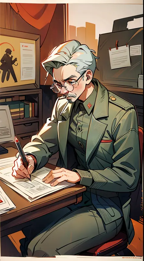 (masterpiece), (great detail), Soviet propaganda poster, a former professor in gray suit and glasses reviewing documents in his ...