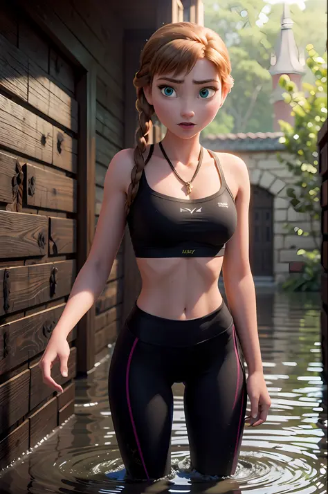 Photo of Anna of Arendelle standing in a flooded dungeon cell, hand tie to a chain Hanging from the ceiling. Wearing sexy gym cl...