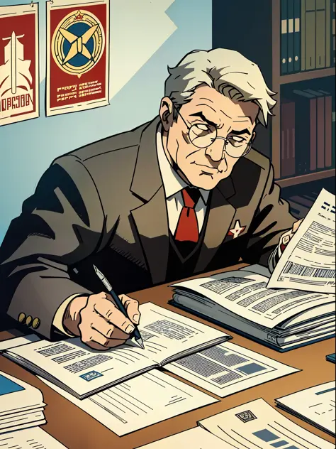 (masterpiece), (great detail), Soviet propaganda poster, a former professor in gray suit and glasses reviewing documents in his ...
