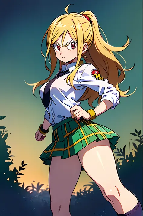 neutral face, schoolgirl attire, white blouse with yellow jacket, green striped tie, red plaid skirt, red eyes and red hair in a twin ponytail, (style of dragon ball z and fairy tail anime), (illustrated by Akira Toriyama and Atsushi Ohkubo), (style mixing...