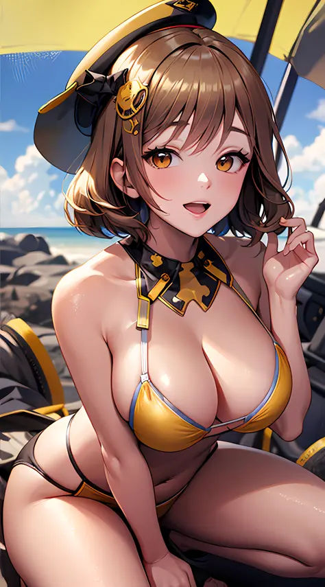 Best Quality, Ultra-Detailed, 1girl, Solo, Nikkeanis, Cross-Eyed, short_hair, open_mouth, Large breasts, Bending Down, Near, Squatting, Normal Thigh, brown_hair, hair_ornament, brown_eyes, yellow_eyes, Beret, Cowboy Shot, (Bikini:1.3), Beach, Summer, Silky...