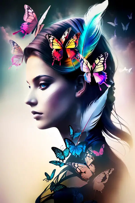 (Double exposure),there is a woman with a blue feather and a lot of butterflies, beautiful digital artwork, beautiful digital ar...