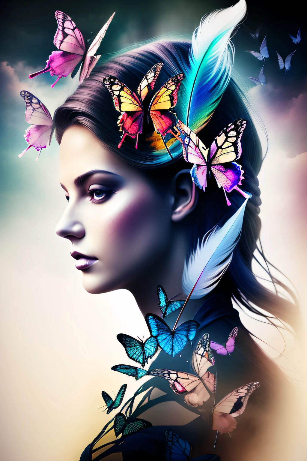 (Double exposure),there is a woman with a blue feather and a lot of butterflies, beautiful digital artwork, beautiful digital art, gorgeous digital art, beautiful gorgeous digital art, very beautiful digital art, amazing digital art, colorfull digital fantasy art, digital art fantasy, fantasy digital art, photoshop art, fantasy art behance, beautiful fantasy art portrait, beautiful fantasy portrait, stunning digital art,  ((double exposure effect))