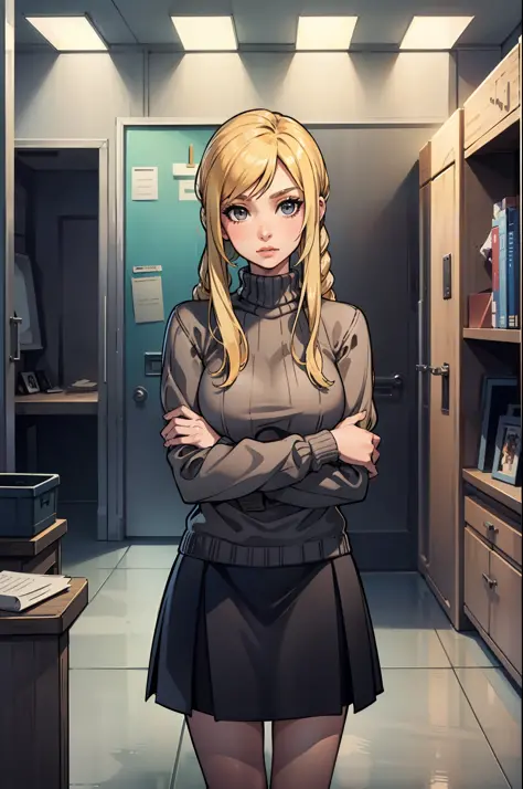 masterpiece, best quality, agrias, grey sweater, black skirt, standing, looking at viewer, blonde hair, office backdrop