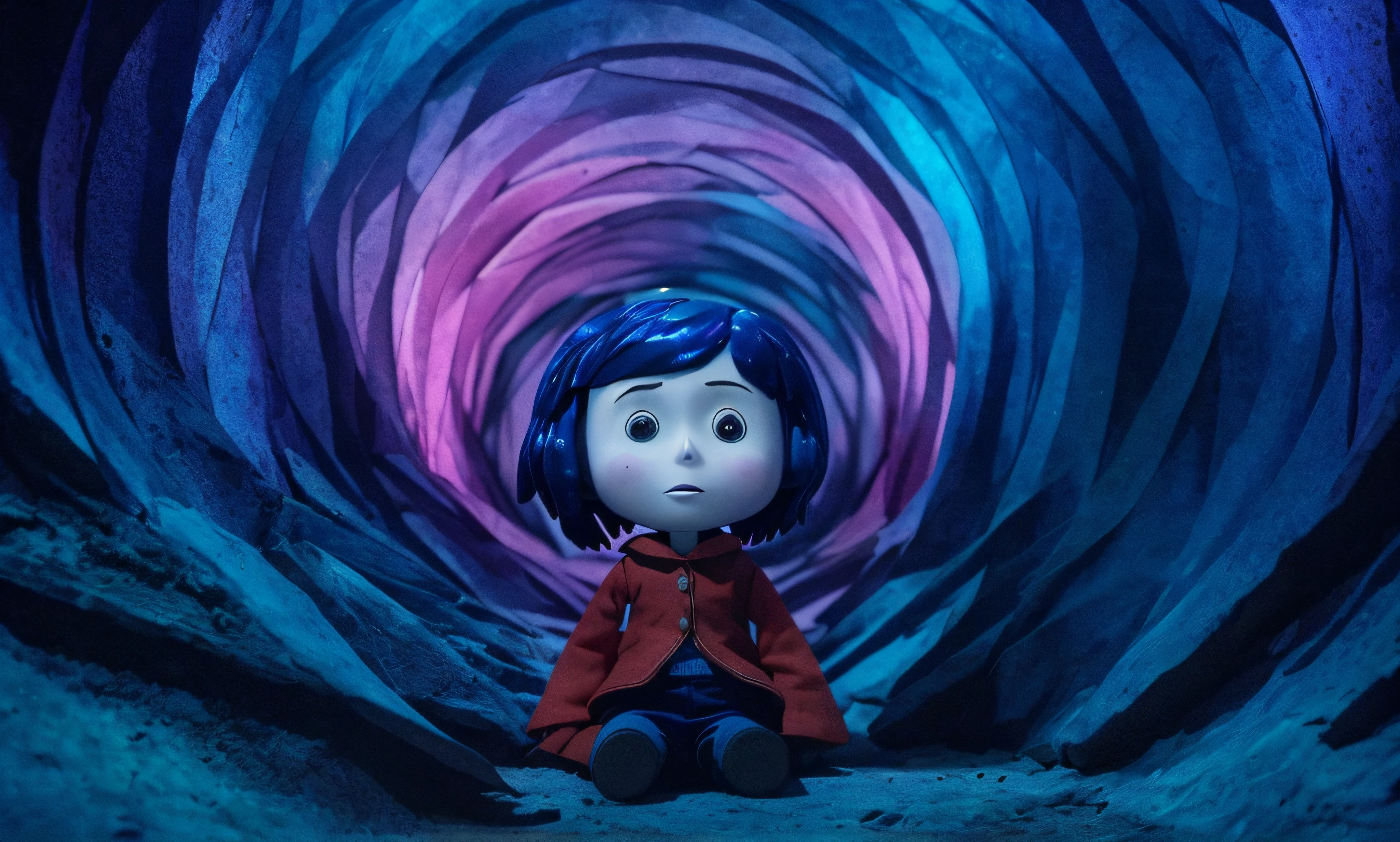 there is a doll that is sitting in a tunnel of blue and purple