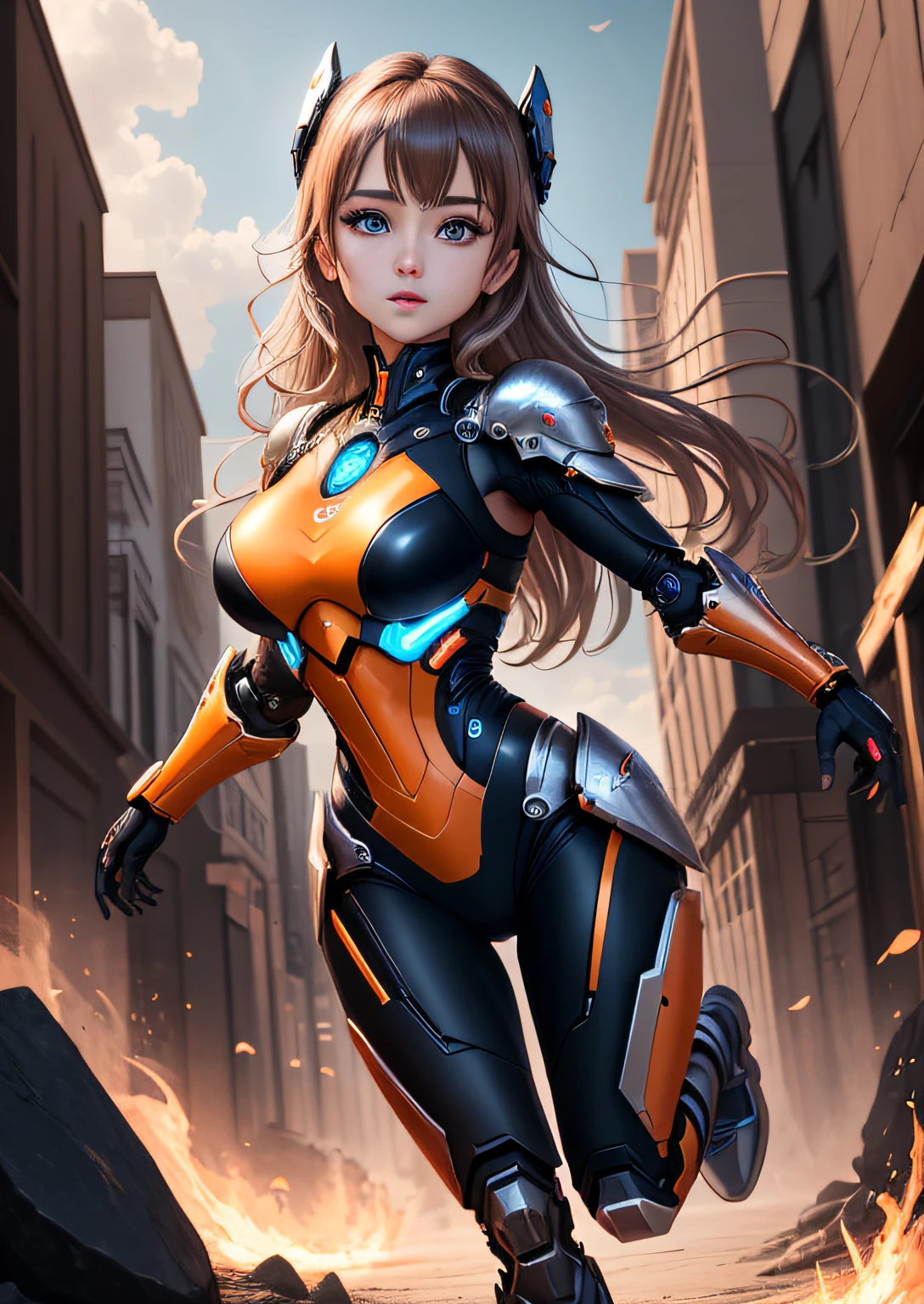 best quality, 8k, photography, beautiful eyes, detailed eyes, giant 3d printer, 1girl, cyborg, full body, perfect body, running, medium breasts, top viewer, orange and black armor