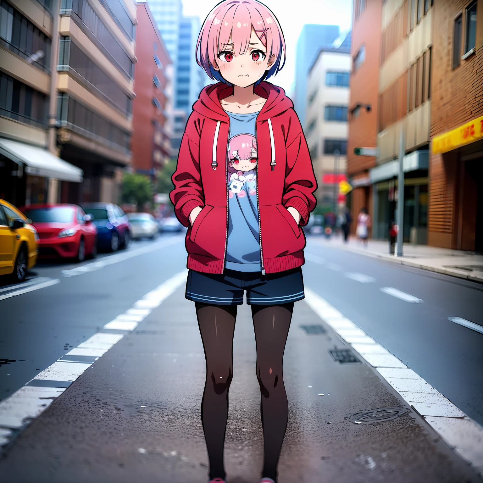 masterpiece, rem rezero, pink hair, red eyes, detailed eyes, sad face, eyes almost closed, red jacket hoodie, blue shirt, dark shorts, pantyhose, casual oufit, crossed arms, standing in the middle of the street, legs apart, looking at the viewer