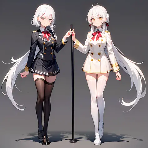 ((((gray background,)))),polka_dot, background, full body, white school uniform, front view, side view, rear view, golden eyes, glowing pupils, long straight white hair, ribbon, jewelry, light smile, white school_uniform, black shiny_legwear, white loafers...