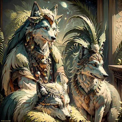 wolf king ((indian style)),,((meditative state),,((wolf body)), ((looking at the camera)) elegant, hair with details, with india...