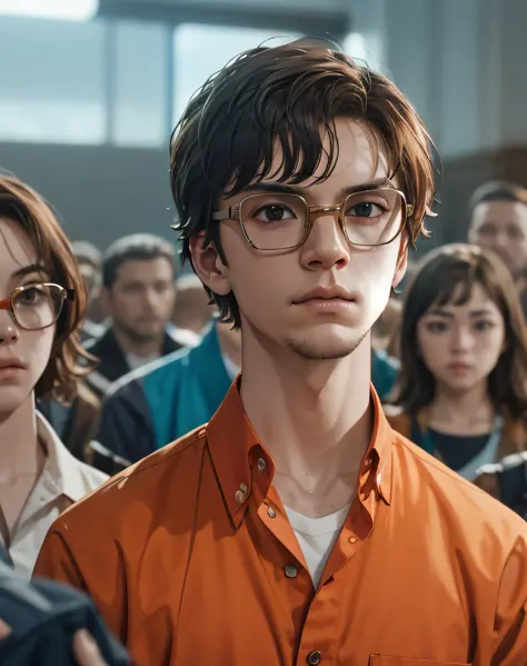 best quality, jeffreydahmer, a man with glasses and orange shirt standing in front of a group of people in a courtroom, closeup,...