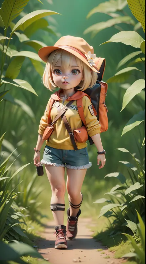 There is a poster with a cartoon character in a hat and backpack, female explorer mini cute girl, walking in the wilderness, flo...