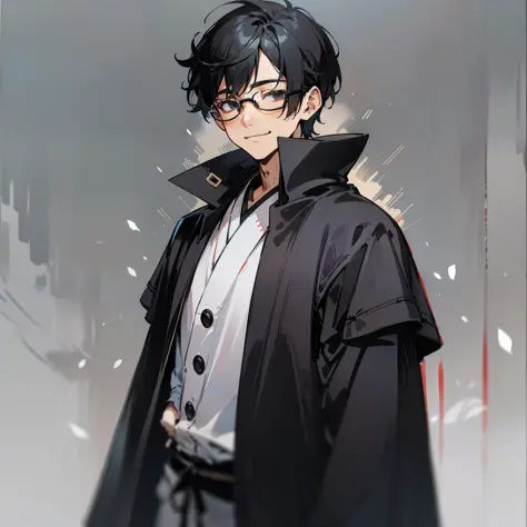 A japanese man with short, black hair. He has dark eyes, and wears a black cloak with a white-button up shirt underneath. He has a sharp jawline and a smile. He has black-framed glasses.