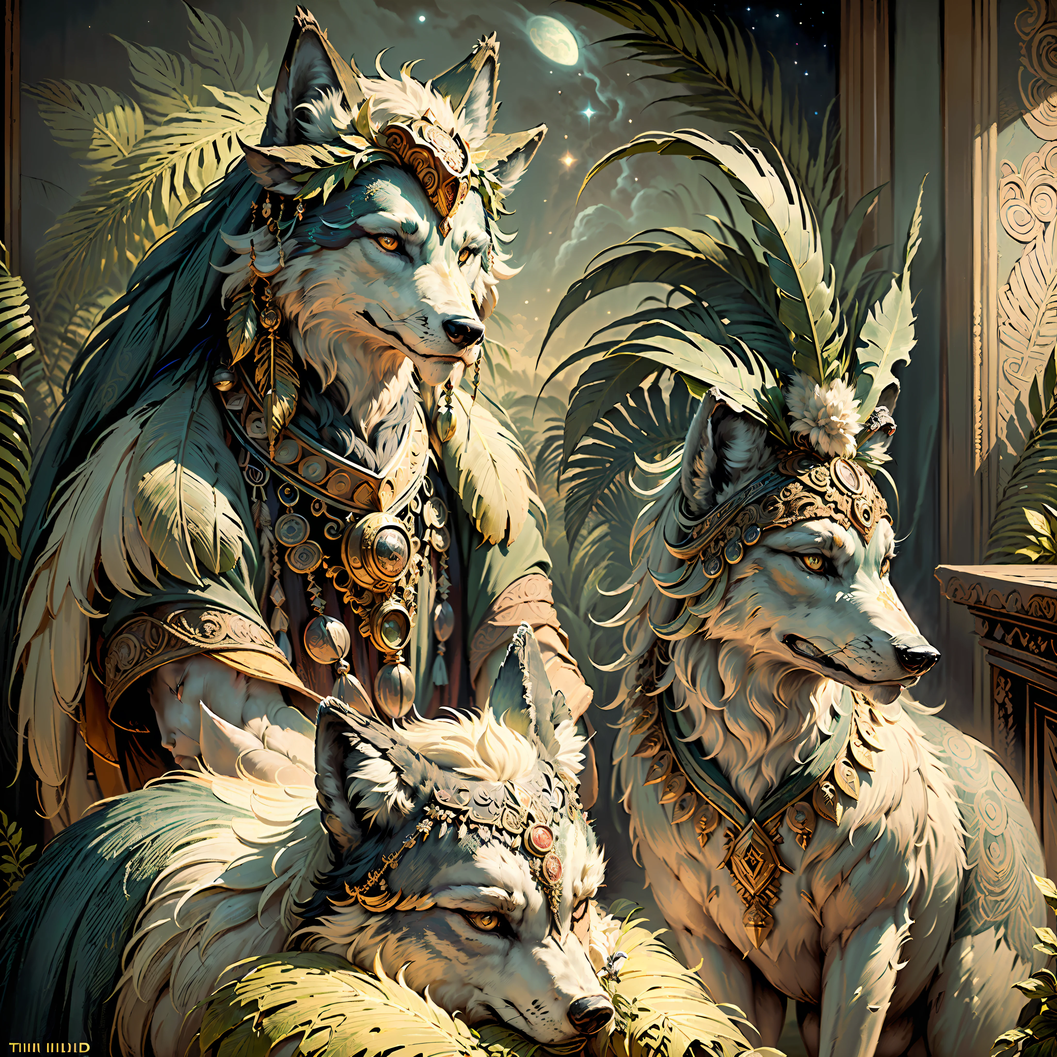 Wolf king ((Indian style)),,((meditative state),,((Wolf body)), ((looking at the camera)) elegant, hair with details, with Indian headdress on head, many colored feathers, colored feathers,,facing the camera, detail: dense tropical foliage, highly detailed intricate, (((masterpiece)),((mythological animals)),, celestial universe, ultra hyperrealistic, masterpiece,, by TIm Hildebrandt,,((vintage)),, antique prints