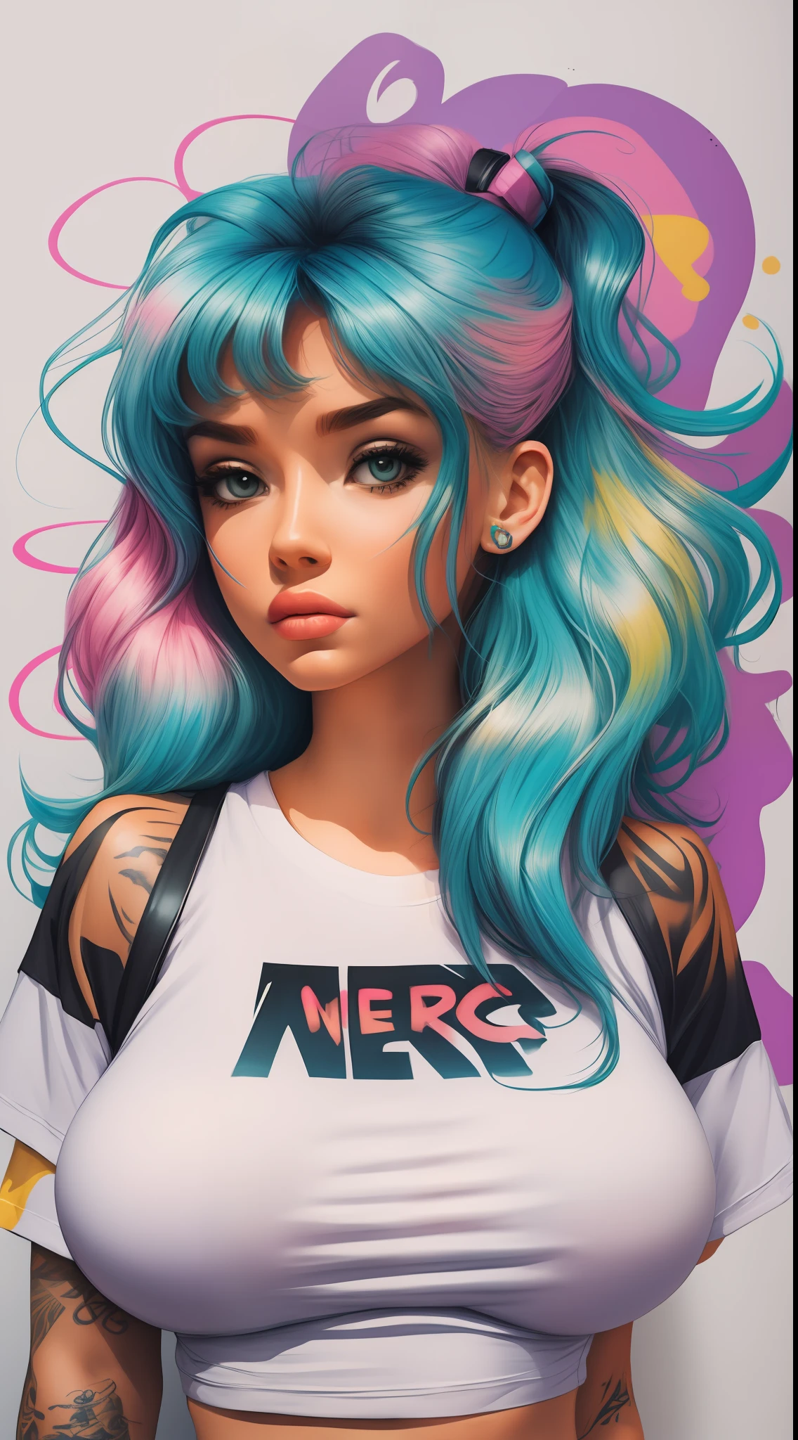 1hermosa chica nerd, pechos grandes, camiseta blanca, tatuajes, graffitis de fondo abstracto