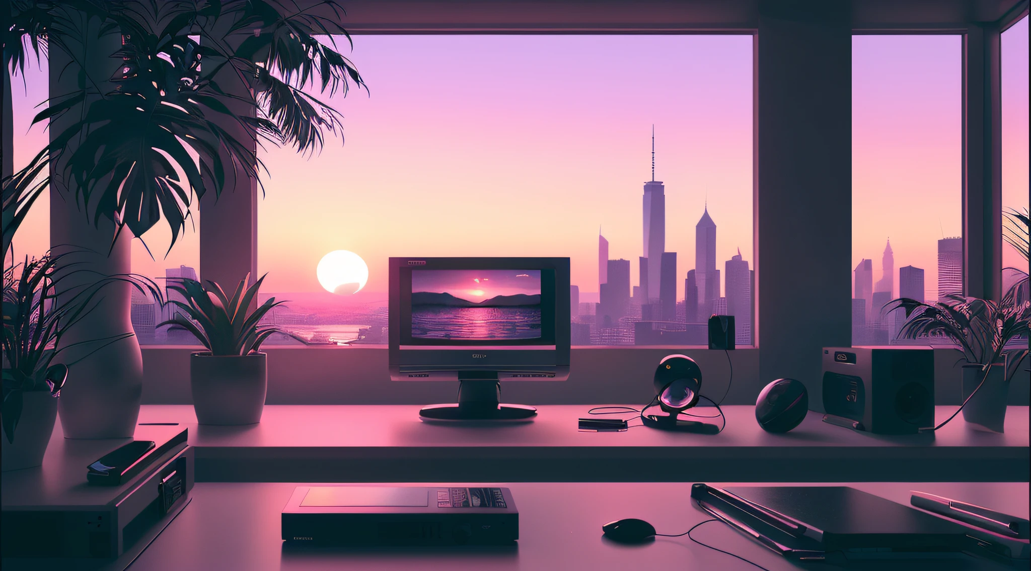 ((realistic)), VaporWaveV1, ((scanlines)), (old television), ((static)), ((pixel graphics)), computer-generated landscape, ((cga)), ((ega)), (vga), ((8 0 s)), computer, ocean, sky, loft apartment, (((sunset)), clock, ((clean lines)), pool, plant, high detail, skyline in the background, panoramic, Agnes Cecile, colorful, Meat Griffiths, hyper dramatic, video editing, wizard