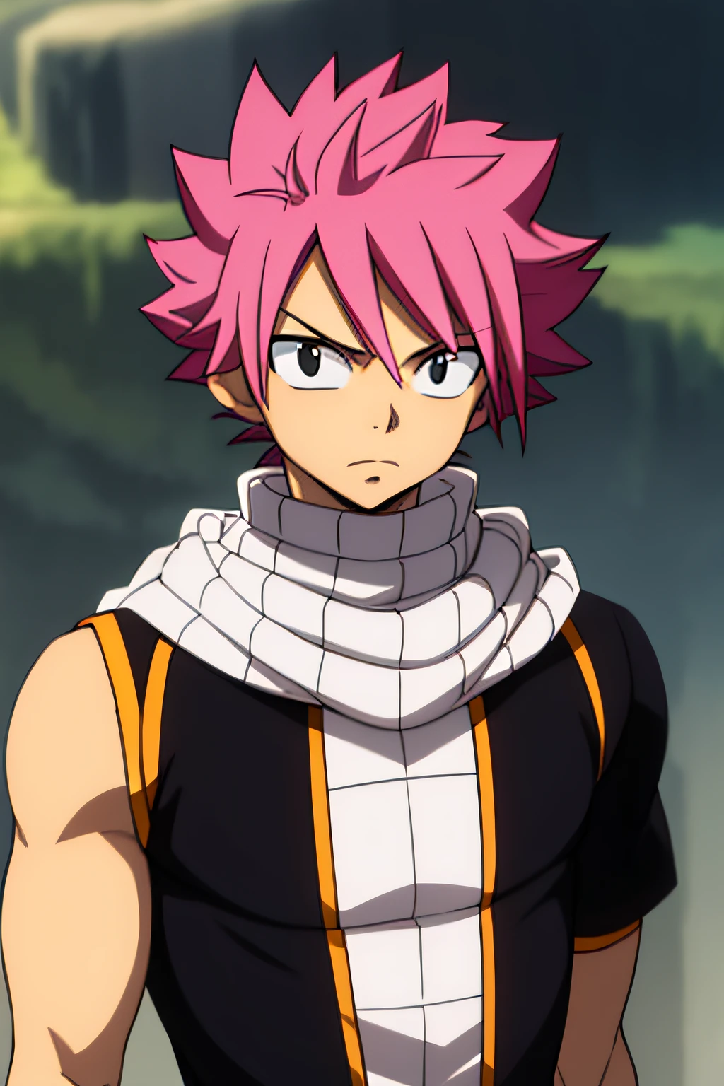 Meisterwerk, beste Qualität, gute Qualität, 1 Junge, Allein, männlicher Fokus, Betrachter betrachten, Oberkörper, Natsu_dragneel, pinkes Haar