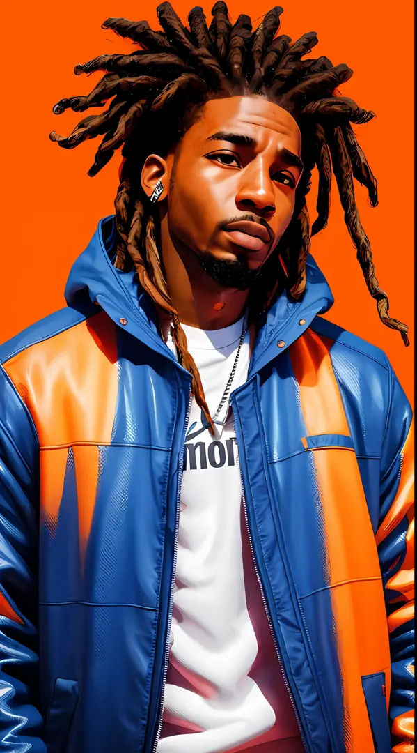 1 rapper with dreads hair, orange techwear jacket, minimalist abstract background