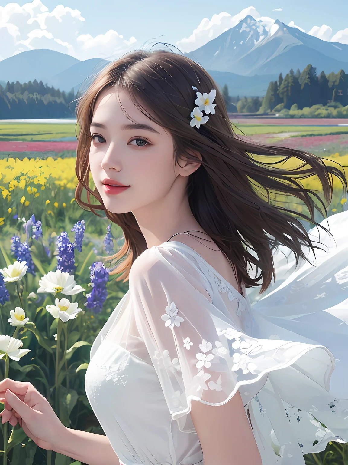 1girl, dynamic angle, cloud and mountain, (flower field:1.4) in the foreground, white dress, light tracing, (floating colorful wind:1) (photorealistic:1.4), official art, unity 8k wallpaper, ultra detailed, beautiful and aesthetic, masterpiece,best quality, glowing skin, cinematic lighting, light smile