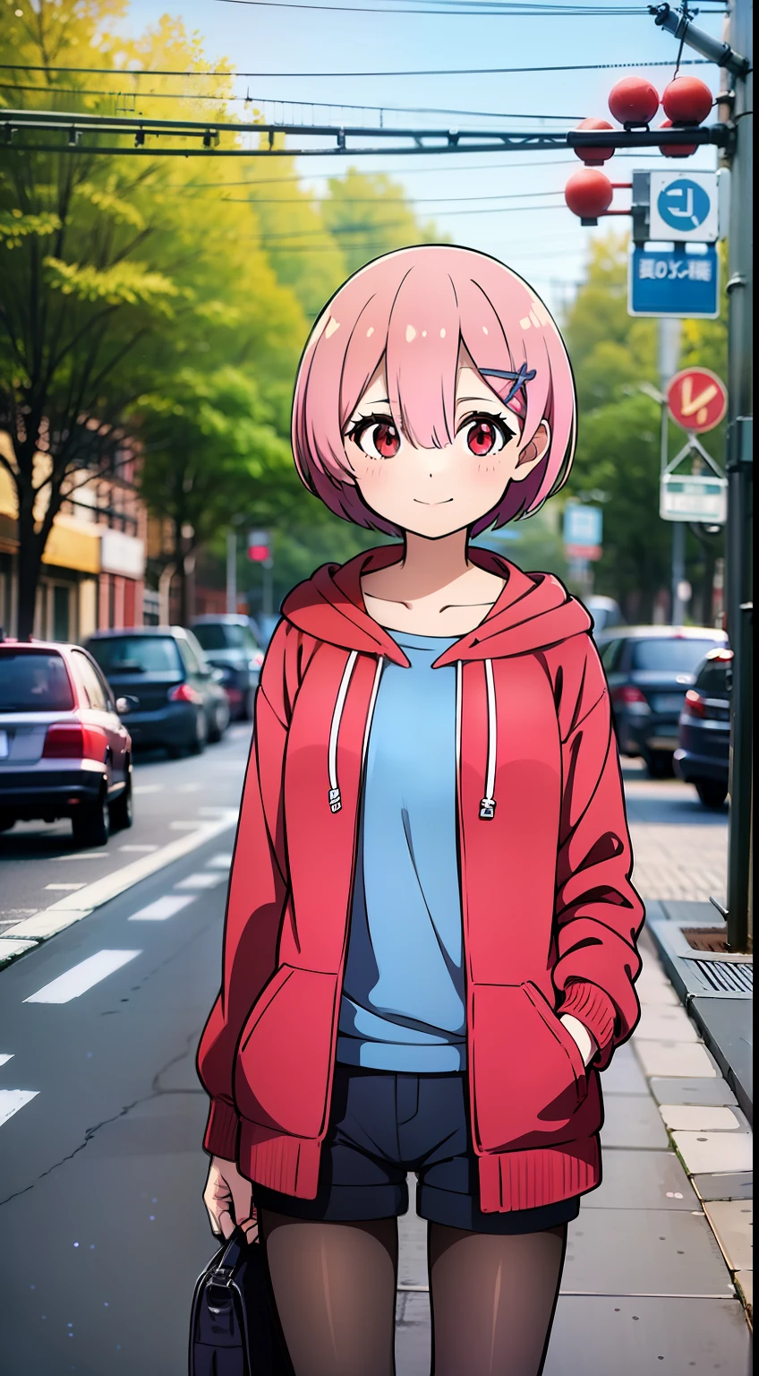 masterpiece, rem rezero, pink hair, red eyes, detailed eyes, happy face, red jacket hoodie, blue shirt, dark shorts, pantyhose, casual oufit, standing in the middle of the street, legs apart, simple pose, looking at the viewer