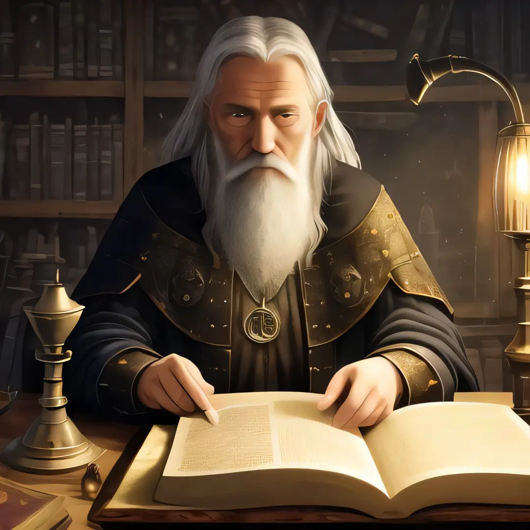 very old wizard, alchemy, looking at book, old medieval painting, smoke, lots of detail, cluttered room, lamp, dark room, detail...