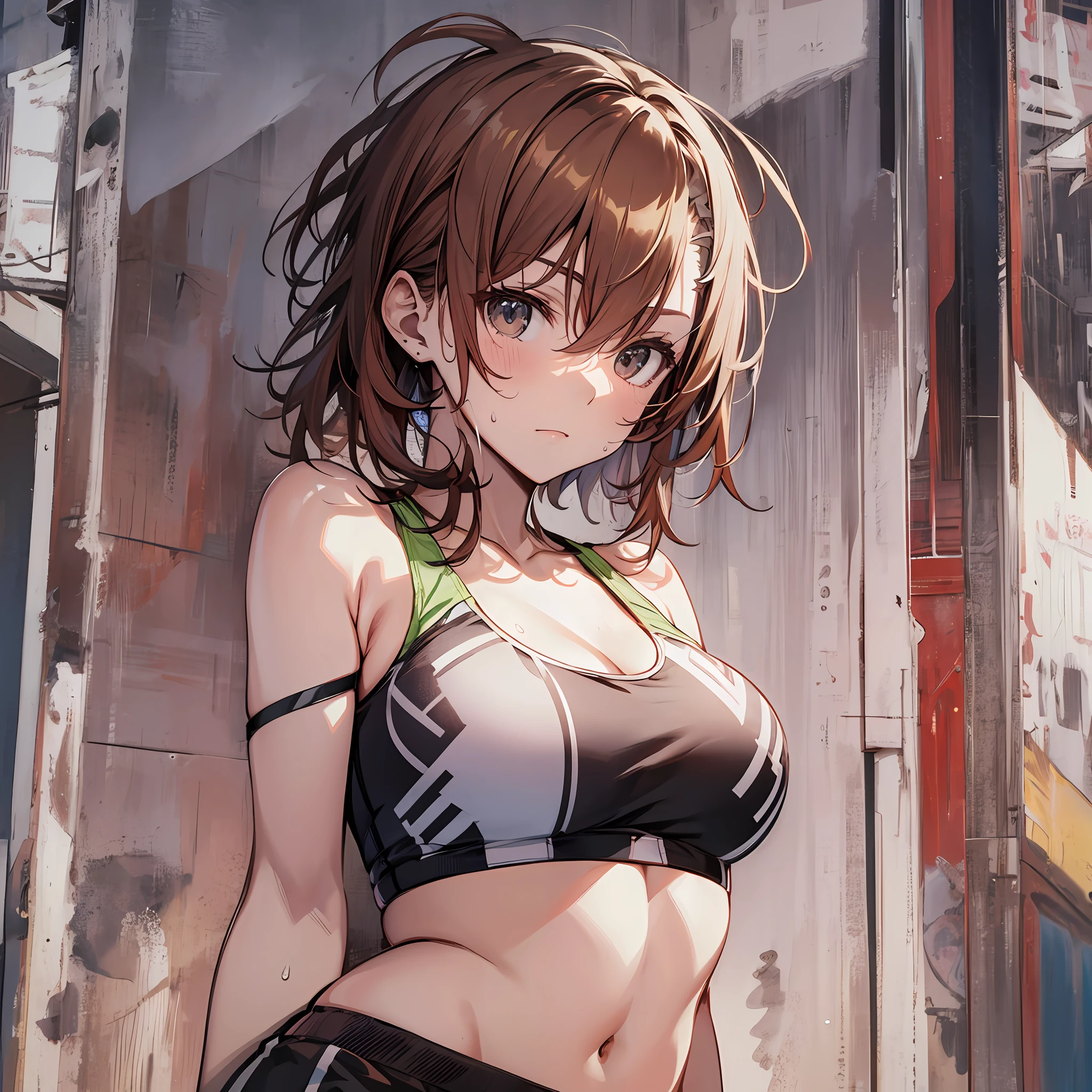 Garota de anime de biquíni posando em frente a uma parede de graffiti -  SeaArt AI