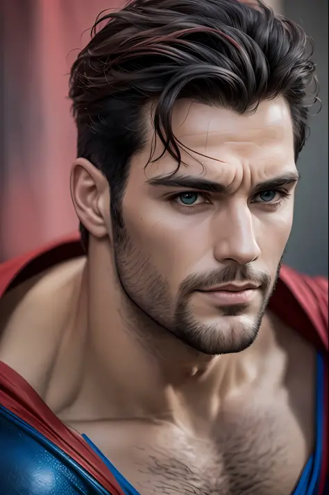 Superman, 40s year old, beard, all details black and red suit, big S symbol on the chest, red cover, strain of hair covering for...