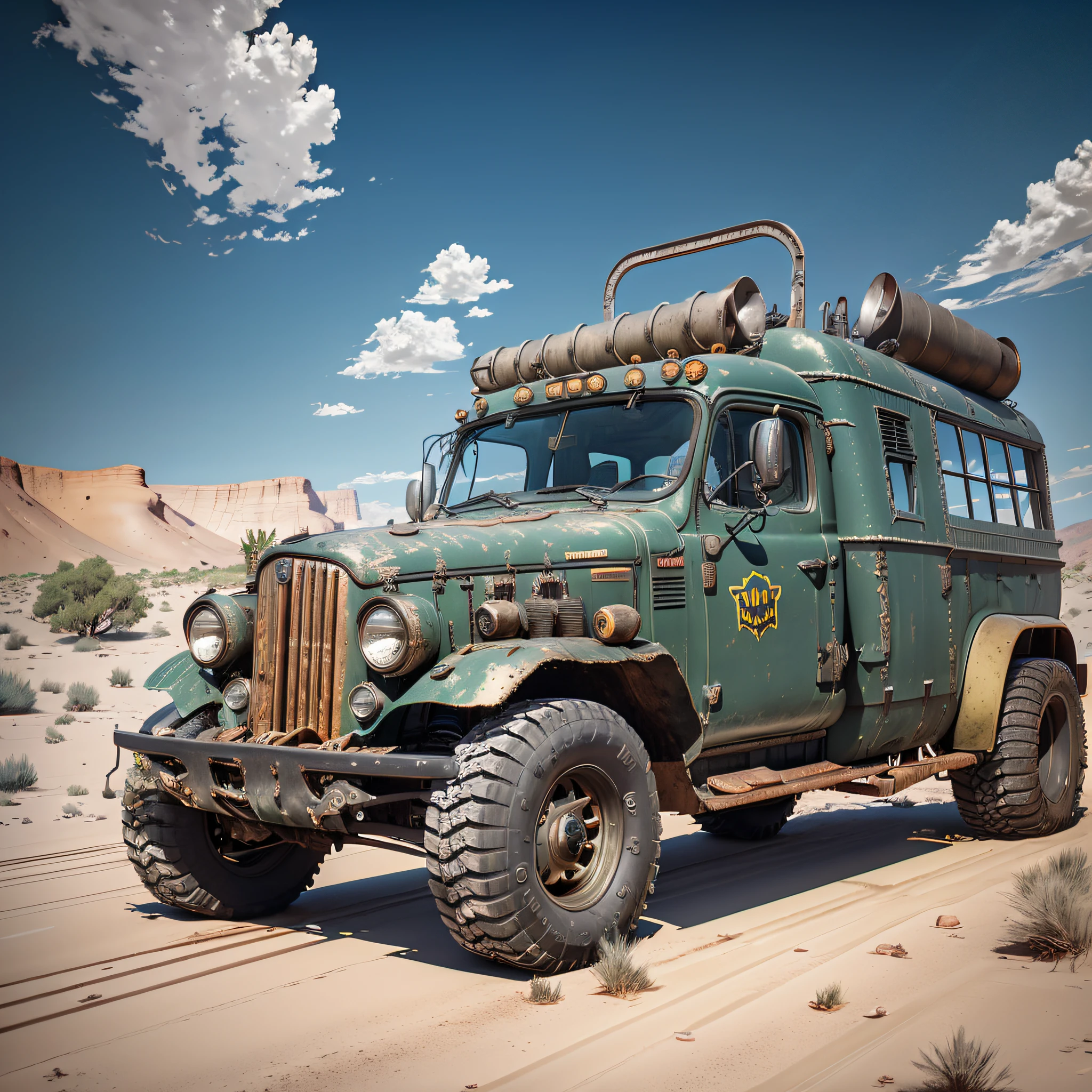 there is a green truck with a large tire on the road, old cgi 3 d rendered bryce 3 d, 3 d octane render conceptart, octane photoreal 3 d render, highly realistic concept art, photoreal octane rendering, rendered in unreal engine”, greg rutkowski octane render, in the art style of filip hodas, by senior environment artist