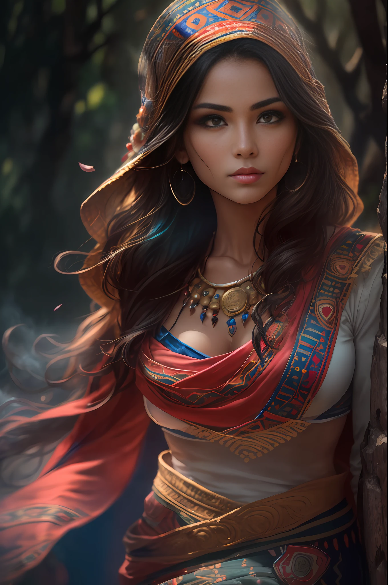 ((realistic: 1.5)),((best quality)), ((masterpiece)),((detailed)), (1girl: 1.3), solo, (((extremely detailed face))),(((brown eyes))), (((dark eyes))), (((perfect hands))), Inca skin, Inca face, medium breasts, beautiful detailed eyes, 8k unified wallpaper, super detailed, beautiful and aesthetic, beautiful, masterpiece, best quality, raw, masterpiece, super fine photo, best quality, super high resolution, photorealistic realism,  sunlight, full body portrait, amazing beauty, dynamic pose, delicate face, vibrant eyes, (from the front), (1 Inca woman in Inca costume long skirt with colors red blue white and pink not green, {a beautiful Inca woman dressed in traditional Inca dress typical costume of the woman of Cuzco Peru, super wide angle lens,  facial focus, mature, sexy, toned muscles, long legs, curves, barefoot, full Inca costume, thick thighs, wide hips, thin legs, dark eyes, perfect eyes, long black hair, floating hair, long eyelashes, (detailed face, beautiful eye, detailed pupils, detailed features of Inca clothing, light background: 1.3), mysterious ancient Inca ruin, lush forests, deep canyons, bridge, river,  cliff, cloud, lakes, rock, waterfalls, flowers, grass, fog, vine, tree, smoke, best shade, bright details, sharp, perfect composition, intricate, sharp focus, dramatic, (specular lighting: 1.3), edge light, inca landscape, fully dressed, editorial photography, ultra-realistic photography,