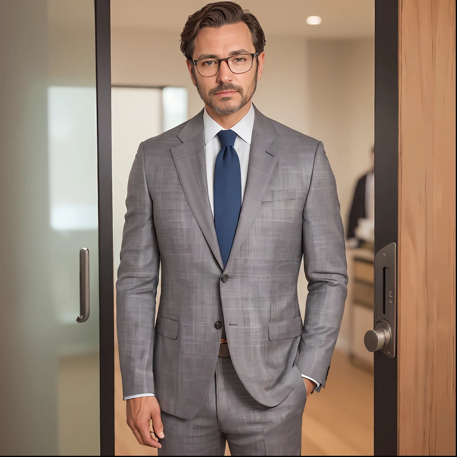 Realistic,  (masterpiece, best_quality:1.1), a man wearing glasses  standing in front of a glass door with a cross on it, zegna, Drop+7, Double vents, Notch lapels, Flap pockets, 2-button closure, Fully lined, Deconstructed, 100%+Wool, Grey, suits, young, wearing a undercloth and tie, oxford knot