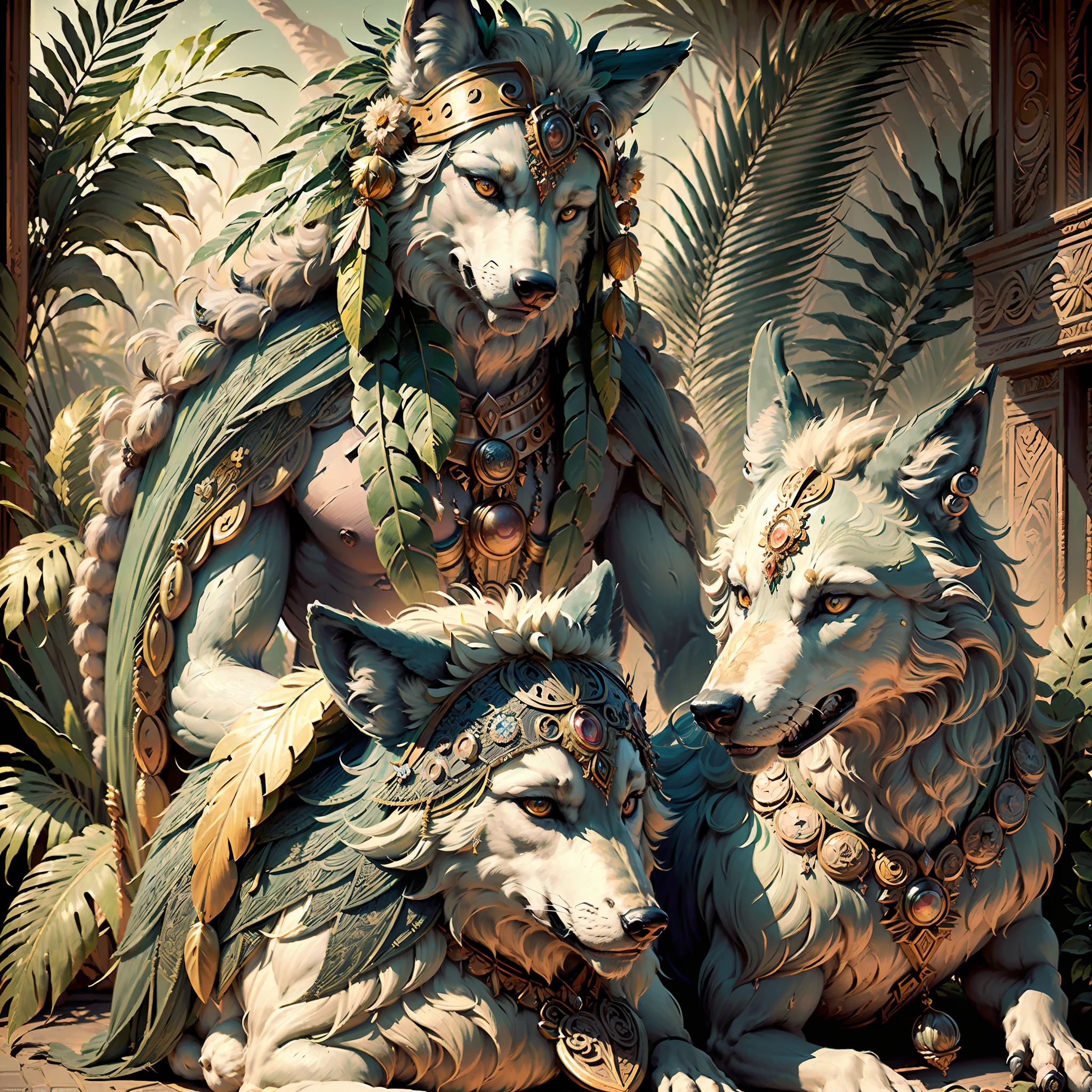 Wolf king ((Indian style)),,((meditative state),,((Wolf body)), ((looking at the camera)) elegant, hair with details, with Indian headdress on head, many colored feathers, colored feathers,,facing the camera, detail: dense tropical foliage, highly detailed intricate, (((masterpiece)),((mythological animals)),, celestial universe, ultra hyperrealistic, masterpiece,, by TIm Hildebrandt,,((vintage)),, antique prints