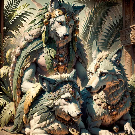 wolf king ((indian style)),,((meditative state),,((wolf body)), ((looking at the camera)) elegant, hair with details, with india...