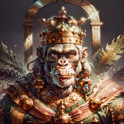 King chimpanzee, with crown and highly detailed props, black background, facing the camera