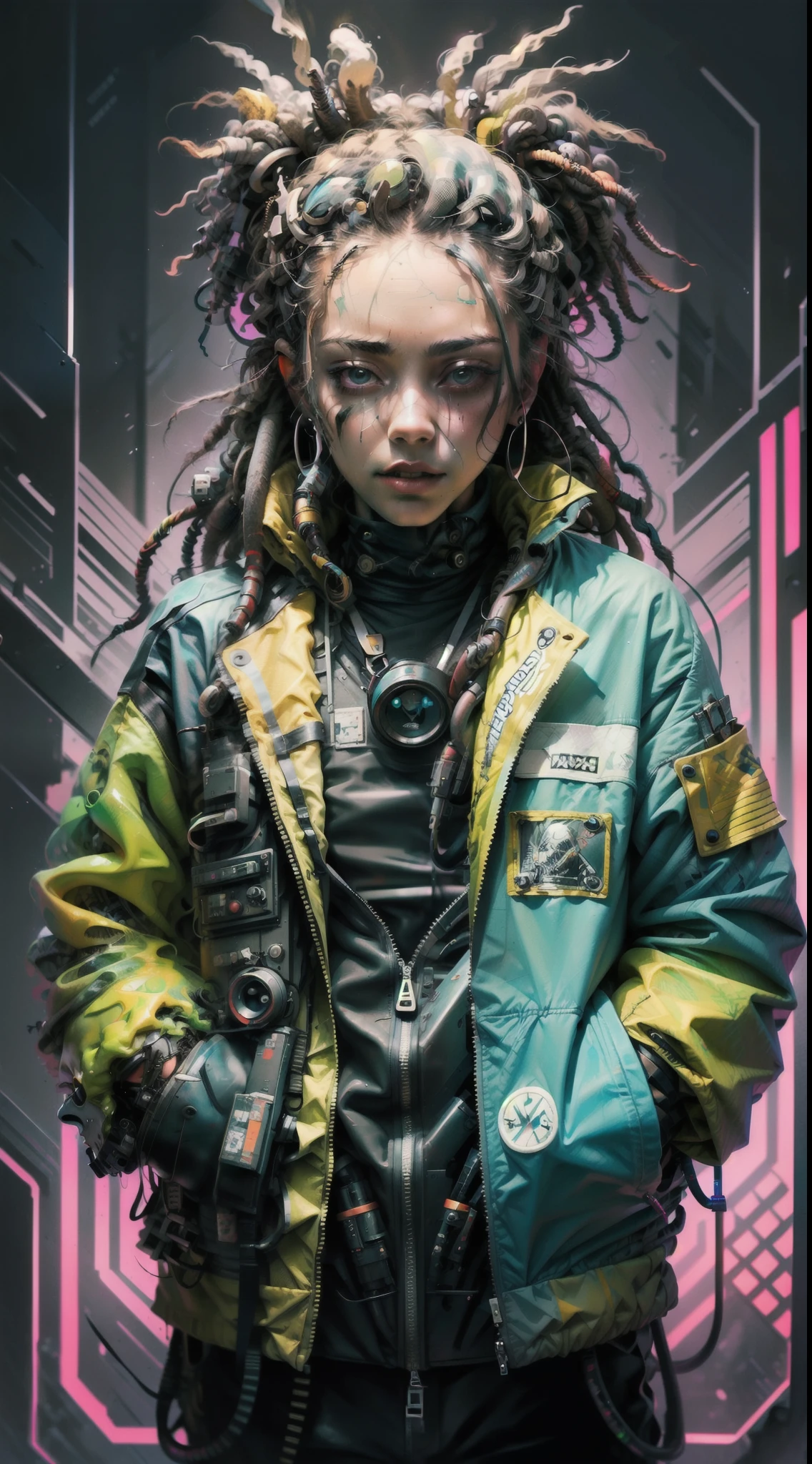 1 Rapper mit Dreads, ToxicPunkAI Techwear-Jacke, minimalistischer abstrakter ToxicPunkAI-Musikmixer und Lautsprecherhintergrund, Blasen, melt, ausführlich, kompliziert