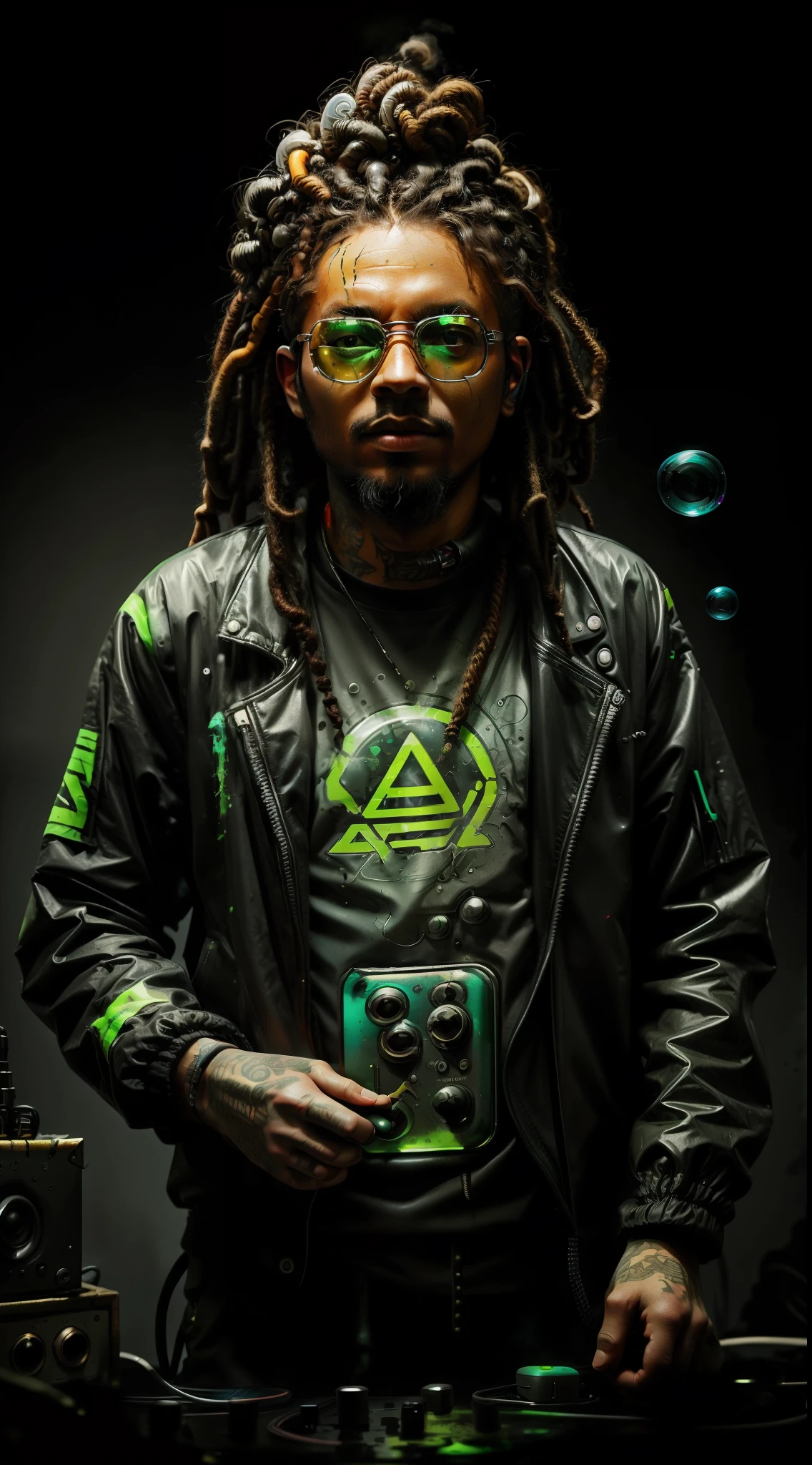 1 rapper com cabelo dreads, Jaqueta techwear ToxicPunkAI, minimalista abstrato ToxicPunkAI misturador de música e alto-falantes de fundo, Bolhas, derretido, detalhado, Intrincado