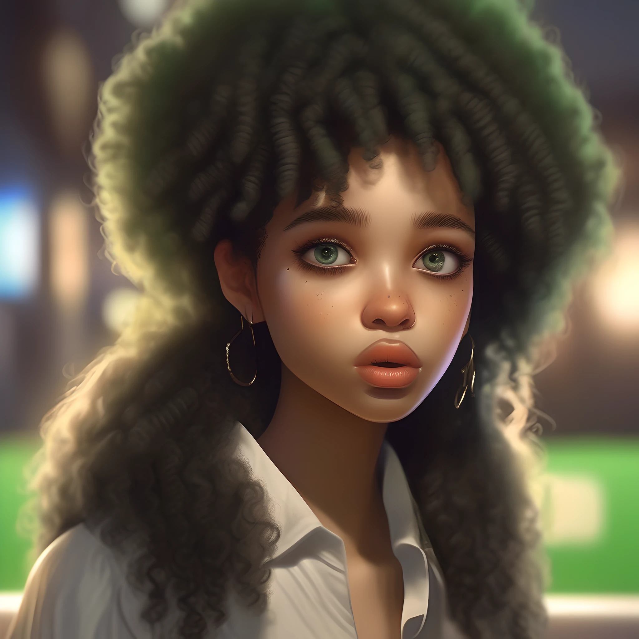 A close up of a woman with a big afro with a baseball field in the  background - SeaArt AI