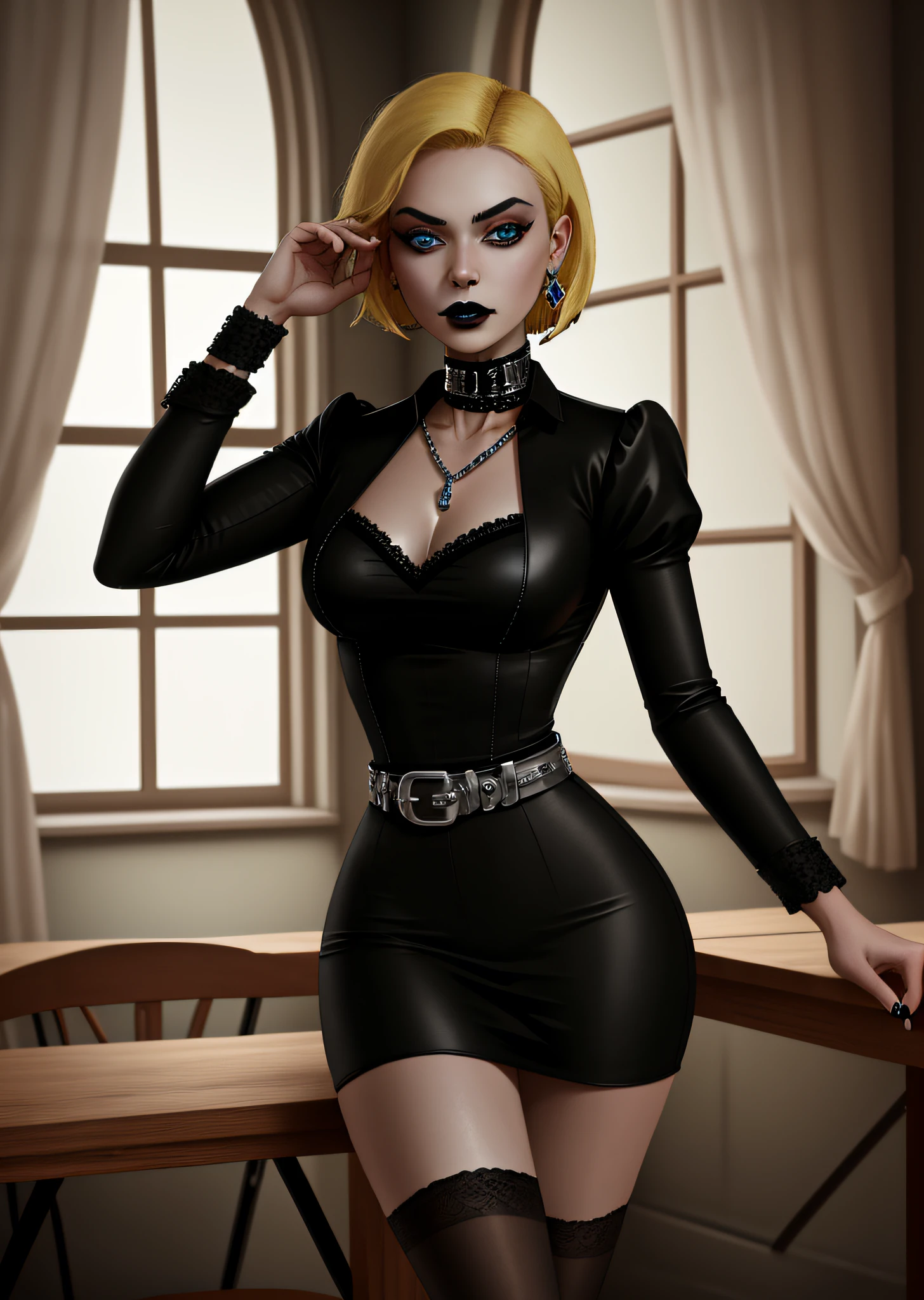 (cowboy shot), sfw, (masterpiece), (best quality:1.0), (ultra highres:1.0), detailed eyes,
BREAK
Galatea, 1girl, short blonde hair, posing, black lipstick, runny makeup, black clothes
edgGothGB, wearing edgGothGB, garterbelt, metal, chains, ribbons, frills
BREAK
(table, window, gorgeous view)