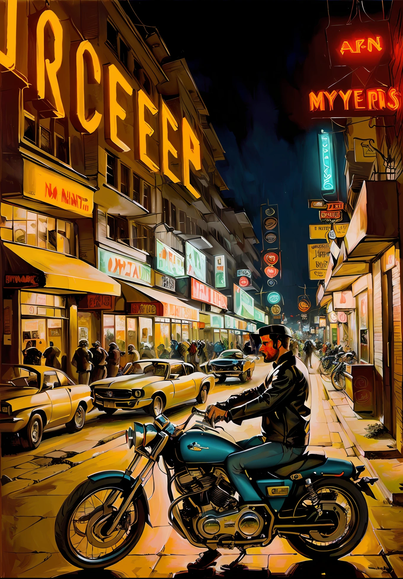 uma pintura, um homem em uma motocicleta movimentando-se na rua com cyberpunk, Placas de neon, à noite, Estilo de arte de Jill Elfgren, um premiado, obra de arte