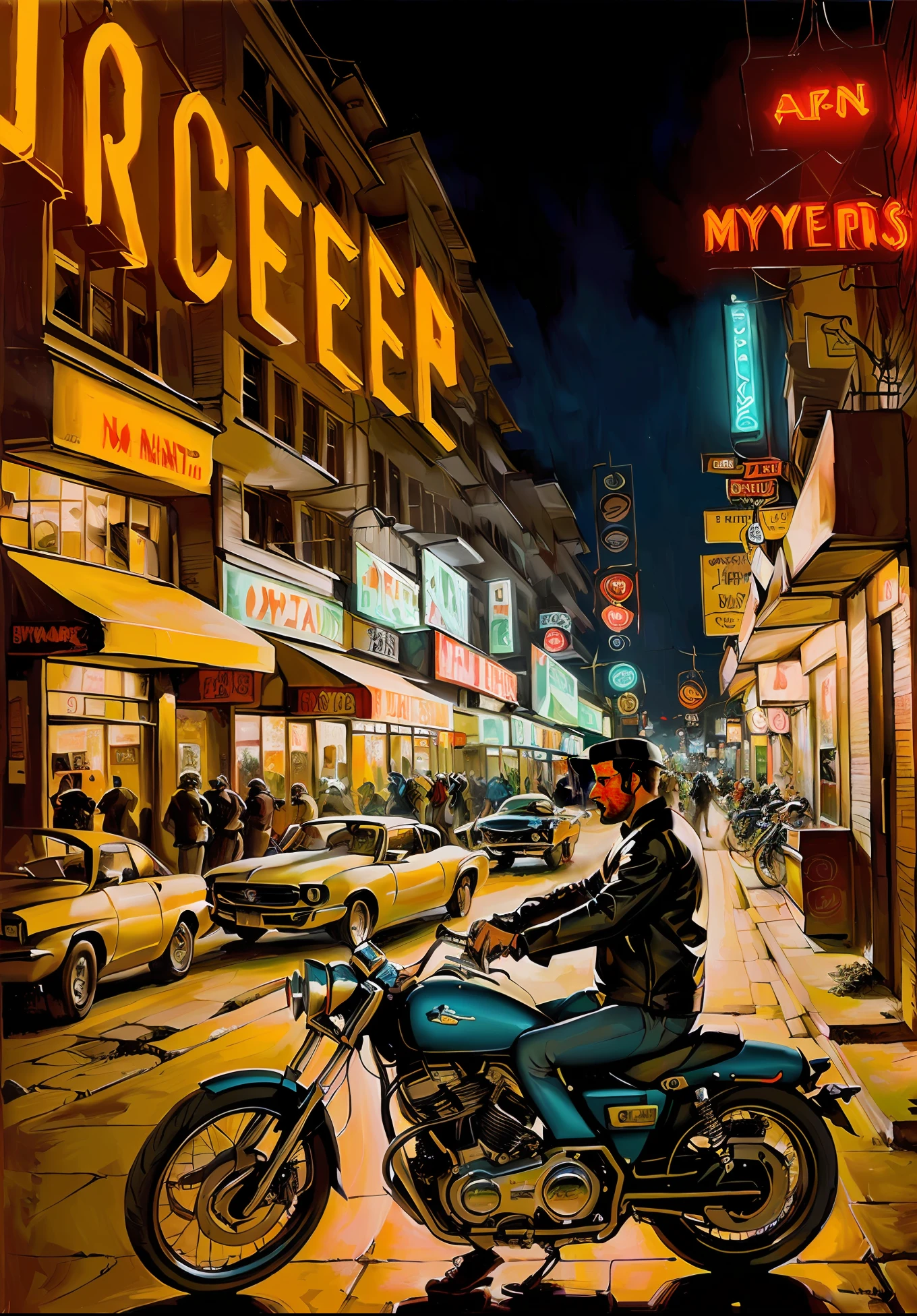 une peinture, un homme sur une moto s&#39;animant dans la rue avec du cyberpunk, enseignes au néon, la nuit, Le style artistique de Jill Elfgren, Un lauréat, chef-d&#39;œuvre