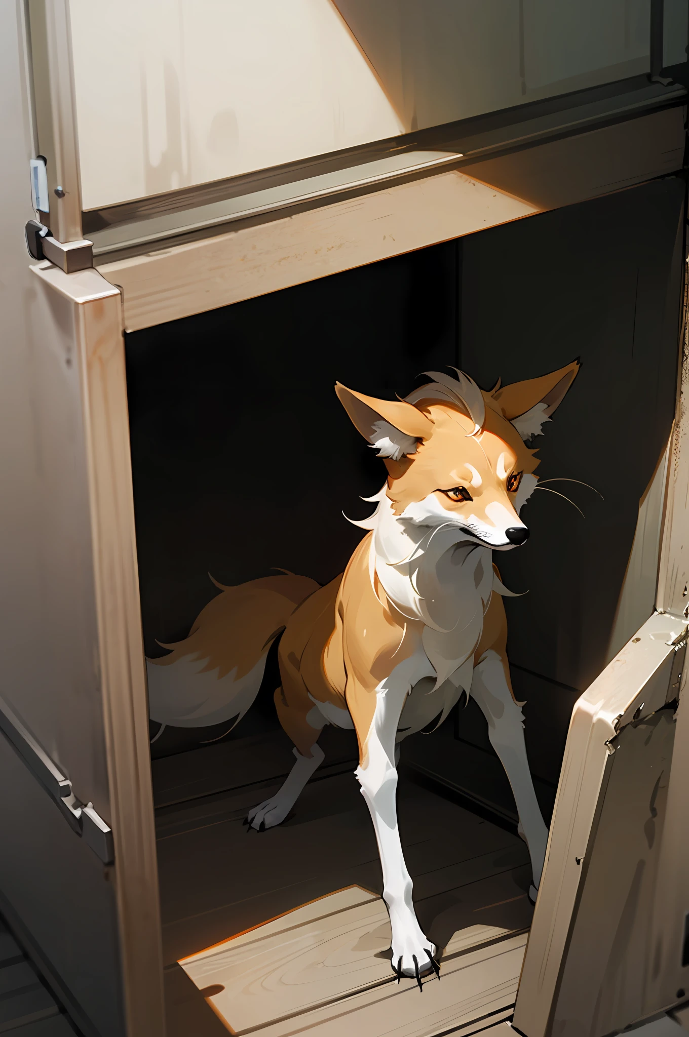 A fox, white, hurts, inside a cell, in a corner, afraid, trembling, cell a little dark, left over from a hand going towards the fox, backdrop laboratory room, realistic, cgi anime style, ultra-realistic, with many details