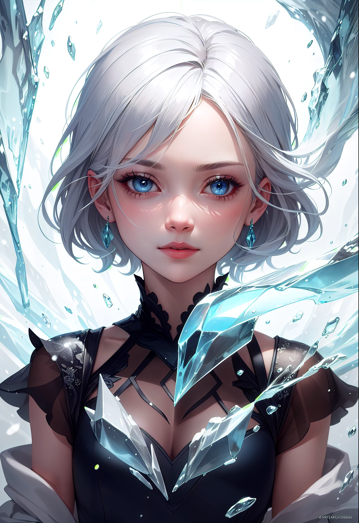 "A magical portrait of a girl with blue eyes and platinum short hair in a black dress, personifying the element of ice. The details of the drawing are expressed in delicate lines and transitions from cold blue to snow-white, while the quality of the drawing creates the illusion of an icy texture, as if the picture was created from frozen air. The style of the drawing combines realism and fantasy, transporting the viewer to the world of magic."