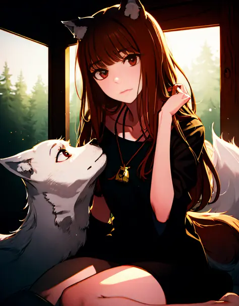 masterpiece, best quality,1girl, wolf ears, tail:0.6 delicate face, red eyes, (beautiful eyes:1.1), wolf girl, brown hair, long ...