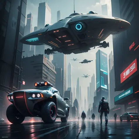 futuristic city, cyberpunk, flying cars, robots walking in the background